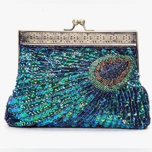 Women’s Turquoise Green Beaded Sequin Peacock Antique Look Clutch Shoulder Bag